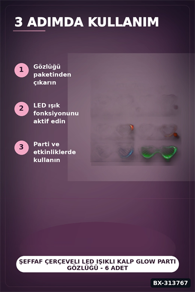 Şeffaf Çerçeveli Led Işıklı Kalp Glow Parti Gözlüğü - 6 Adet Set, Festival Hediyesi BX-313767