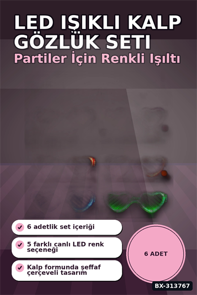 Şeffaf Çerçeveli Led Işıklı Kalp Glow Parti Gözlüğü - 6 Adet Set, Festival Hediyesi BX-313767
