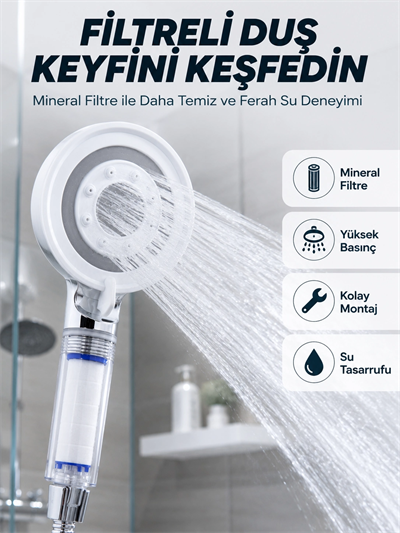 Şeffaf Filtre Hazneli Duş Başlığı Güçlü Akışlı Pratik Banyo Duşu