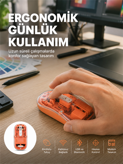 Şeffaf Kablosuz Mouse Bluetooth Bağlantılı Sessiz Tıklama Yeni Nesil