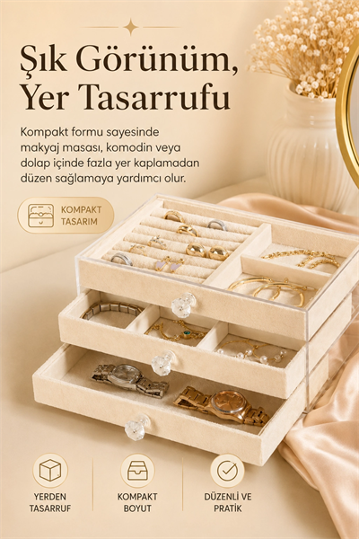Şeffaf Kapaklı Kadife Takı Kutusu Çekmeceli Yüzük Kolye Saat Organizeri