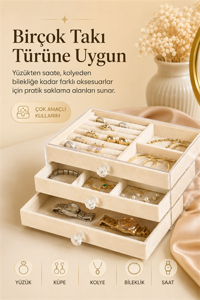 Şeffaf Kapaklı Kadife Takı Kutusu Çekmeceli Yüzük Kolye Saat Organizeri
