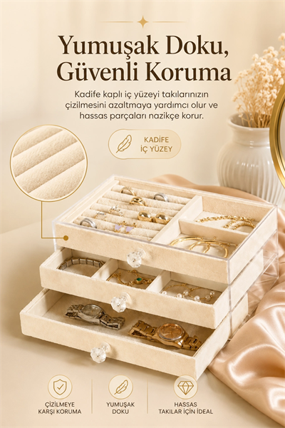 Şeffaf Kapaklı Kadife Takı Kutusu Çekmeceli Yüzük Kolye Saat Organizeri