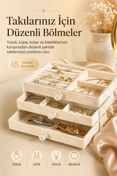 Şeffaf Kapaklı Kadife Takı Kutusu Çekmeceli Yüzük Kolye Saat Organizeri