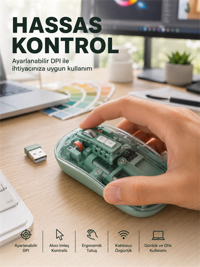 Şeffaf Tasarımlı Bluetooth Kablosuz Mouse Pilli Kullanım Yeni Nesil