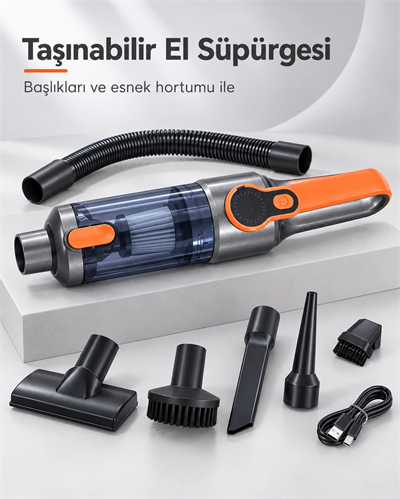 Şeffaf Toz Hazneli Gri Turuncu El Süpürgesi Temizlik Başlıkları ve USB Şarj Kablolu