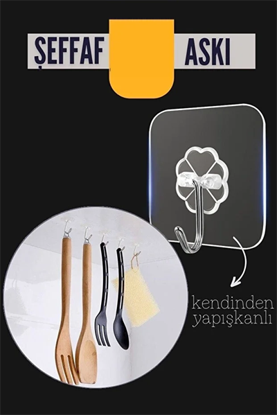 Şeffaf Yapışkanlı Askı, Mutfak Banyo Duvar Askısı, Çivisiz Pratik Kanca Seti
