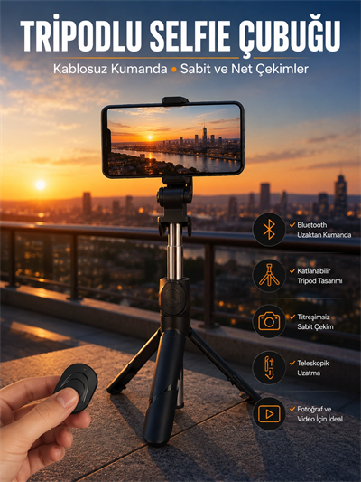 Selfie Çubuğu Tripod Kumandalı Telefon Tutucu Siyah