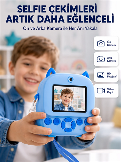 Selfie Özellikli Çocuk Fotoğraf Makinesi Mürekkepsiz Termal Baskı Teknolojisi