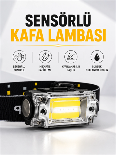 Sensör Kontrollü Şarjlı Beyaz LED Kafa Lambası ve El Feneri