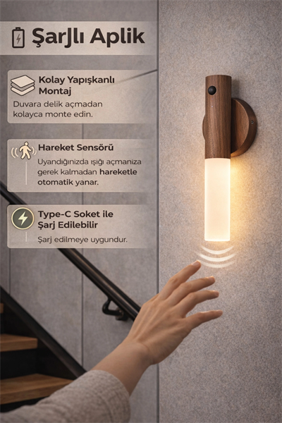 Sensörlü Dekoratif Meşale Duvar Aplik LED Gece Lambası Mıknatıslı Model