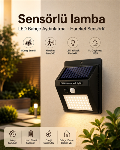 Sensörlü, Güneş Enerjili LED Duvar Lambası Bahçe ve Balkon Aydınlatma