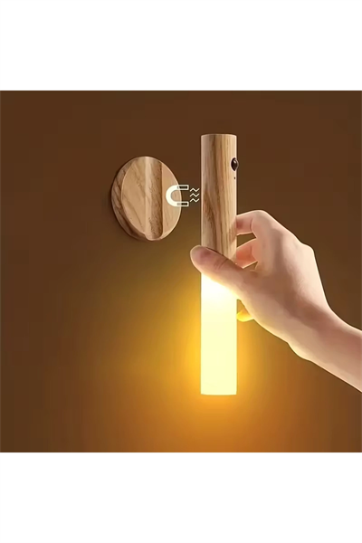 Sensörlü USB Şarjlı Mıknatıslı Taşınabilir Ahşap Görünümlü Duvar Aplik