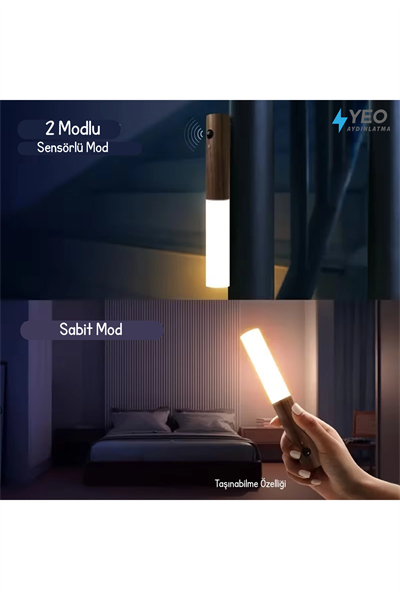 Sensörlü USB Şarjlı Mıknatıslı Taşınabilir Ahşap Görünümlü Duvar Aplik