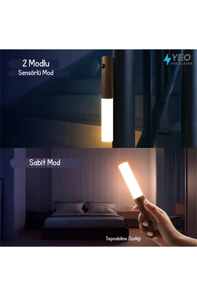 Sensörlü USB Şarjlı Taşınabilir Duvar Aplik Ahşap Görünümlü Masa Lambası