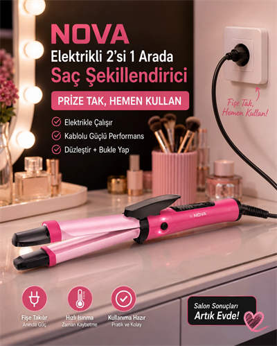 Seramik Kaplamalı Saç Düzleştirici ve Bukle Maşası 2’si 1 Arada Şekillendirici