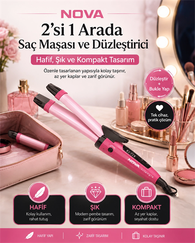 Seramik Kaplamalı Saç Düzleştirici ve Bukle Maşası 2’si 1 Arada Şekillendirici