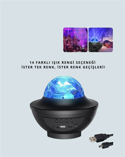 Sesle Etkileşimli Yıldız Projektörlü Gece Lambası – Bluetooth Hoparlörlü, USB Girişli, Dönen Okyanus