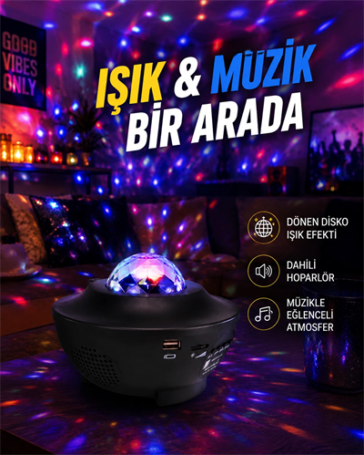 Sesle Etkileşimli Yıldız Projektörlü Gece Lambası – Bluetooth Hoparlörlü, USB Girişli, Dönen Okyanus