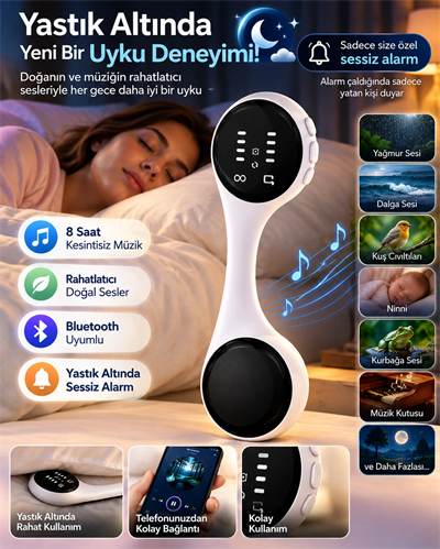 Sessiz Alarm Bluetooth Uyku Hoparlörü Yastık Altı Kullanım Rahatlatıcı Sesler 8 Saat Kesintisiz Müzik