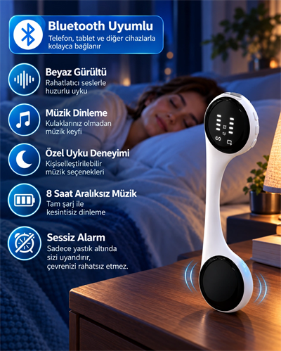 Sessiz Alarm Özellikli Bluetooth Hoparlör Yastık Altı Uyku Cihazı Doğal Ses ve 8 Saat Kesintisiz Müzik