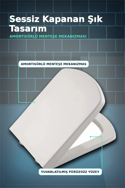 Sessiz Amortisörlü 44x35 cm Beyaz Kare Klozet Kapağı - Yavaş Kapanan Mekanizma BX-313437
