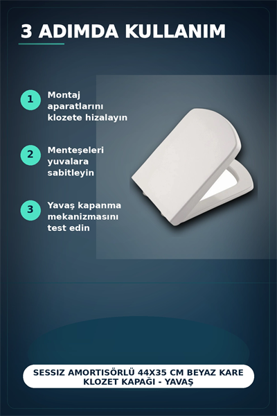 Sessiz Amortisörlü 44x35 cm Beyaz Kare Klozet Kapağı - Yavaş Kapanan Mekanizma BX-313437