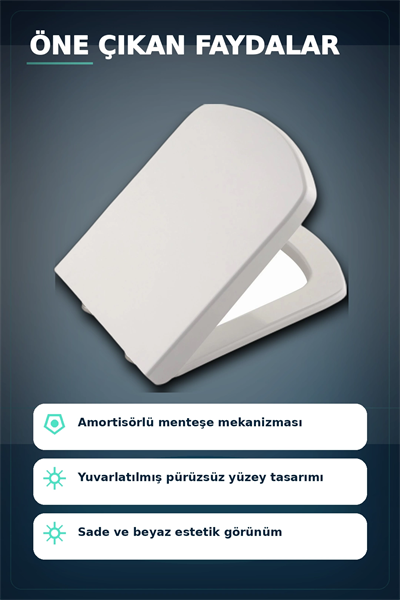 Sessiz Amortisörlü 44x35 cm Beyaz Kare Klozet Kapağı - Yavaş Kapanan Mekanizma BX-313437