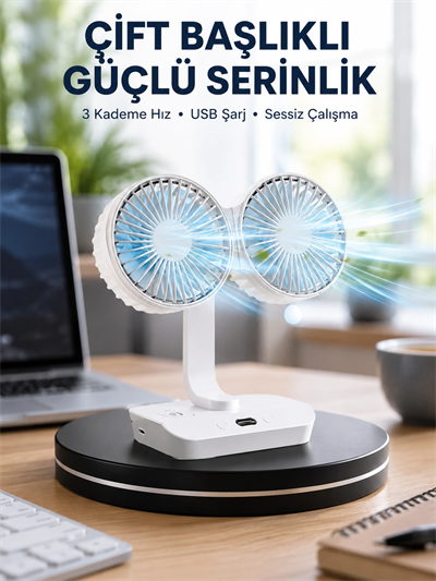 Sessiz Çalışan USB Şarjlı Çift Kafalı Masaüstü Fan – Ev ve Ofis İçin