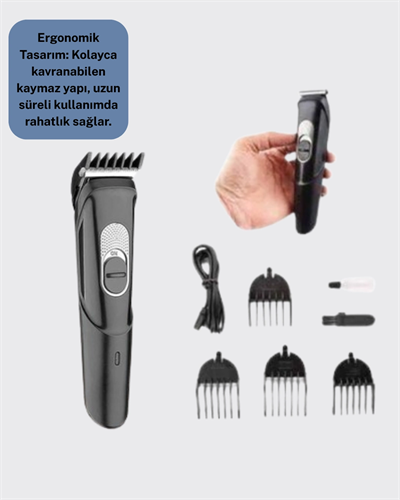 Sessiz Motorlu, Kablosuz Kullanımlı Şarjlı Saç ve Sakal Kesme Makinesi – Taraklı Set