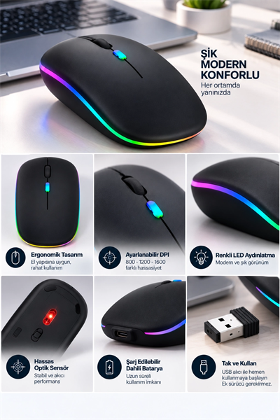 Sessiz Tıklama 800 1200 1600 DPI Ayarlanabilir Mouse