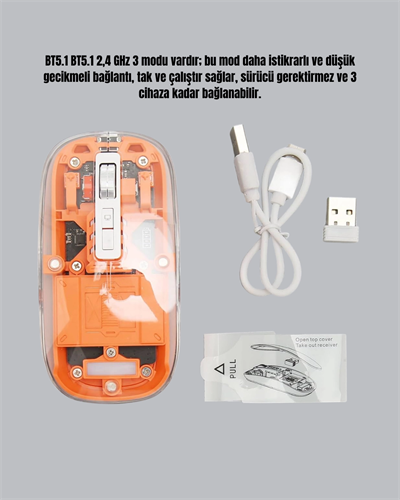 Sessiz ve Ergonomik Kablosuz Fare - 30 Gün Kullanım, 2 Modlu Bağlantı