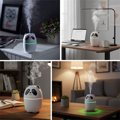 Sevimli Panda Figürlü Hava Nemlendirici – Ultrasonik Soğuk Buhar Makinesi, LED Işıklı Masaüstü Oda Nemlendirici