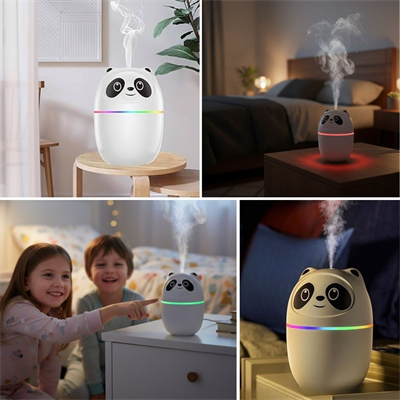 Sevimli Panda Figürlü Hava Nemlendirici – Ultrasonik Soğuk Buhar Makinesi, LED Işıklı Masaüstü Oda Nemlendirici