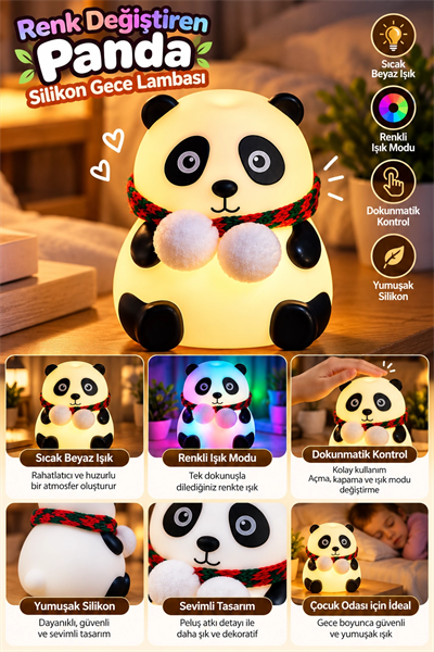 Sevimli Panda Silikon Gece Lambası Renkli Işık Modu Dokunmatik Kontrollü Aydınlatma