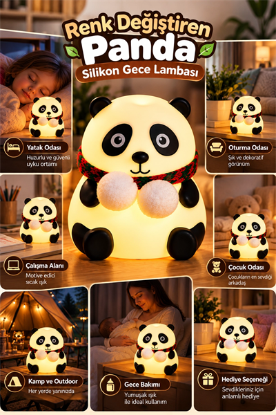 Sevimli Panda Silikon Gece Lambası Renkli Işık Modu Dokunmatik Kontrollü Aydınlatma