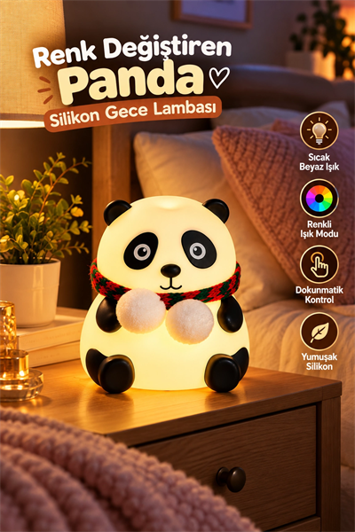Sevimli Panda Silikon Gece Lambası Renkli Işık Modu Dokunmatik Kontrollü Aydınlatma