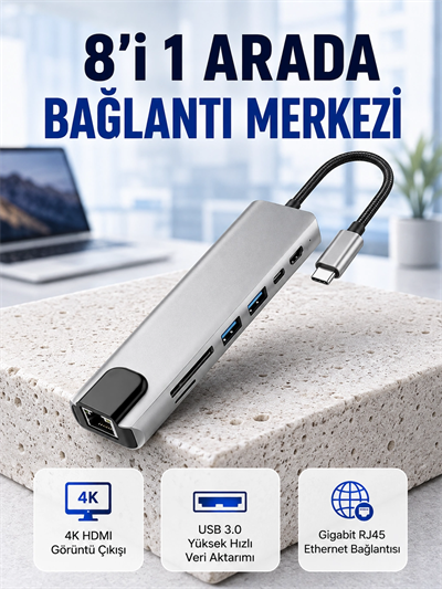 Seyahat Dostu 8‑in‑1 Hub – Şarj & Veri & Video & Ağ için Eksiksiz Çözüm (Kopya)