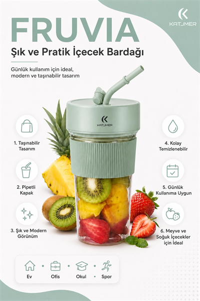Seyahat Uyumlu Taşınabilir Meyve Sıkacağı Karıştırıcı Blender Pipetli Bardak Modeli