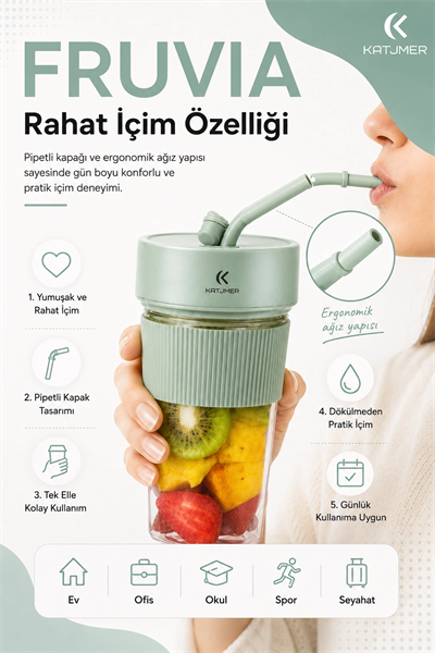 Seyahat Uyumlu Taşınabilir Meyve Sıkacağı Karıştırıcı Blender Pipetli Bardak Modeli