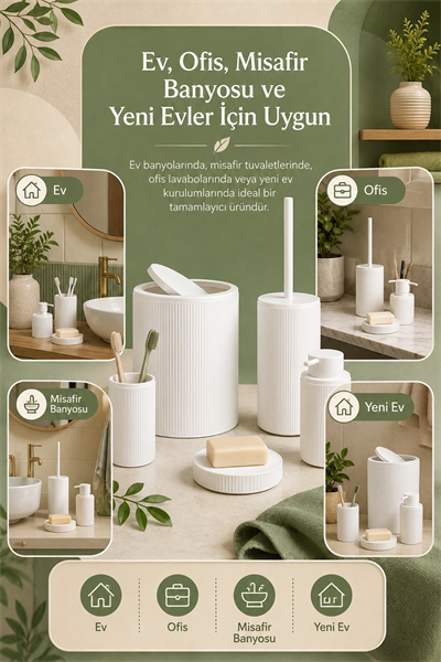 Şık Görünümlü Beyaz Banyo Aksesuar Takımı 5 Parça Günlük Kullanıma Uygun Set