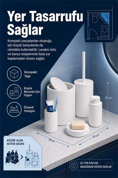Şık Görünümlü Beyaz Banyo Aksesuar Takımı 5 Parça Günlük Kullanıma Uygun Set