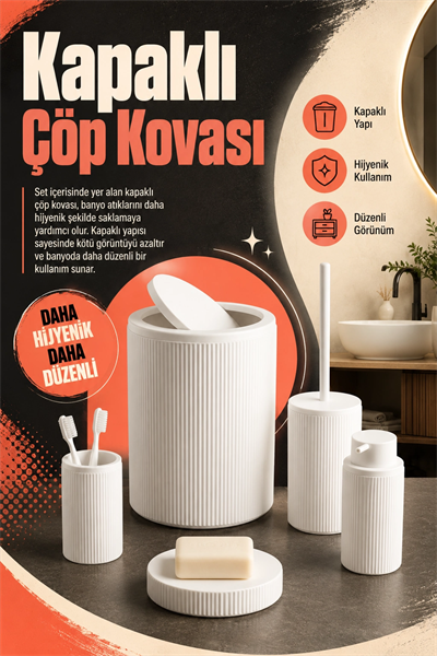 Şık Görünümlü Beyaz Banyo Aksesuar Takımı 5 Parça Günlük Kullanıma Uygun Set