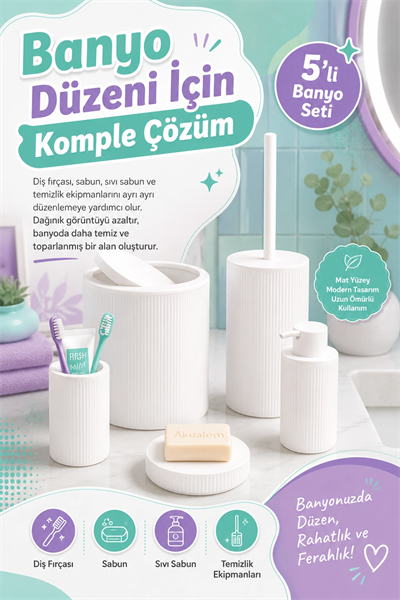 Şık Görünümlü Beyaz Banyo Aksesuar Takımı 5 Parça Günlük Kullanıma Uygun Set
