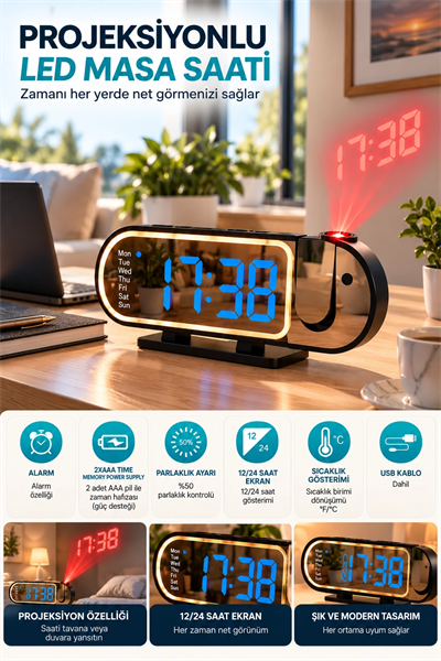Şık Tasarımlı LED Masa Saati Dijital Ekran Alarm 12 24 Saat ve Sıcaklık Göstergeli
