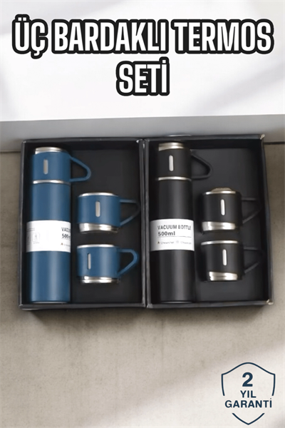 Şık ve Dayanıklı 3 Bardaklı Termos Seti Uzun Süre Isı Koruma Özellikli