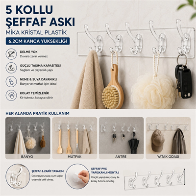Silikon 5 Kollu Şeffaf Yapışkan Askı Bx40