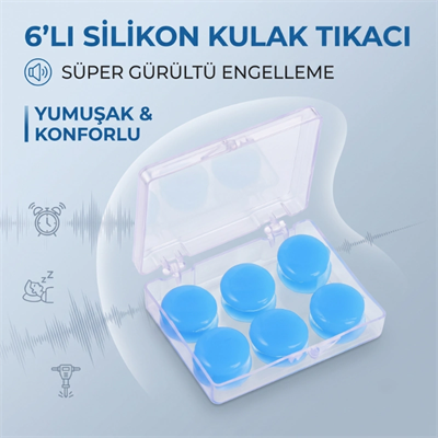 Silikon Kulak Tıkacı - 6lı Özel Kutulu - Su Geçirmez ve Gürültü Önleyici