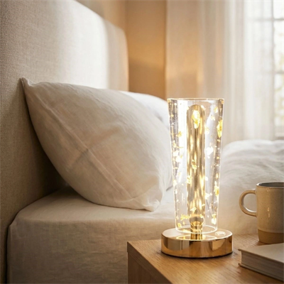 Silindirik Kristal Altın Toz model Led Masa Lambası – Gold Tabanlı, Dokunmatik, 3 Renk Işık Modlu, Şarjlı Modern Dekoratif Gece Lambası Bx40