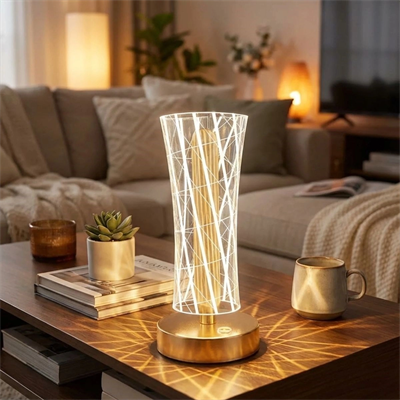 Silindirik Kristal Çizgi Model Led Masa Lambası – Gold Tabanlı, Dokunmatik, 3 Renk Işık Modlu, Şarjlı Modern Dekoratif Gece Lambası Bx40